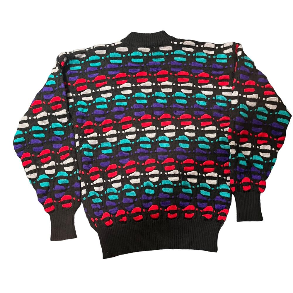 vintage OSSI skiwear puffy multi block crew neck pullover wool lodge sweater M - Picture 2 of 4